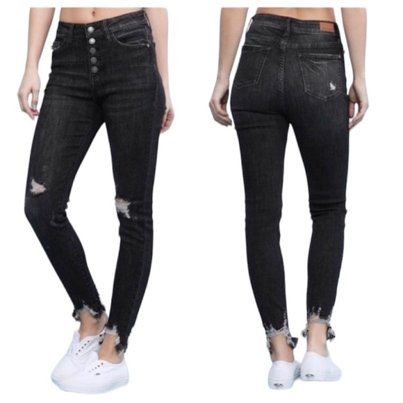 Judy Blue Denim - Judy Blue Black‎ Skinny Fit Distressed Jeans Women's 20W JB84169 Button Fly